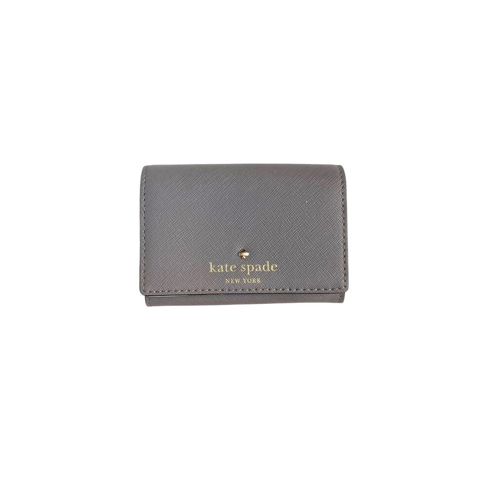 Kate Spade Gray Saffiano Leather Mini Wallet Small Card Holder Gold Logo Compact